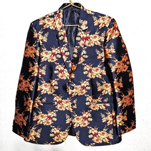 Navy & Gold Roses Brocade Dinner Tux Jacket Mr. Boss NWOT Men's Sz 40R - Picture 1 of 7